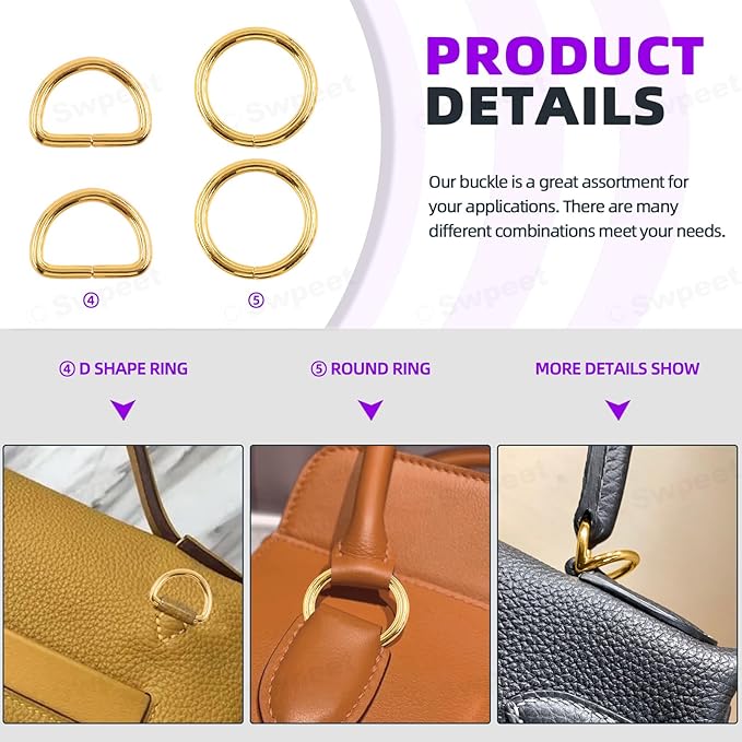 Swpeet 5 Style Metal Buckles - Adjustable Slide, D Ring, Circular Ring