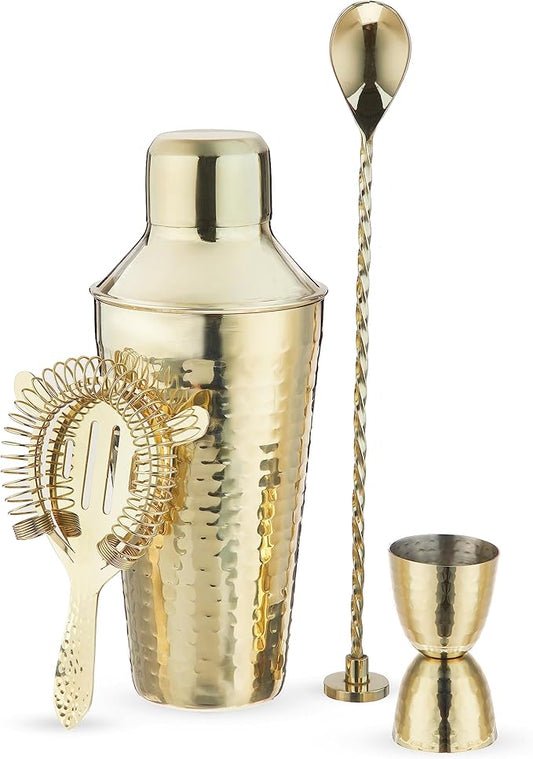 Twine 4-Piece Gold Hammered Cocktail Shaker Set Includes Cobbler Shaker, Strainer, Jigger, Bar Spoon for Classic Cocktails, Mixed Drinks, Cold Brew, Home Bar Tools, Bartender Kit, Bar Cart Accessories