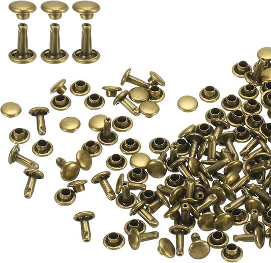 HARFINGTON 100 Sets Double Cap Leather Rivets, 6x8mm Round Cap Tubular Metal Studs Leather Crafting Rivets for Fabric Belt Pet Collar Boot Bag Repair and Decoration, Bronze