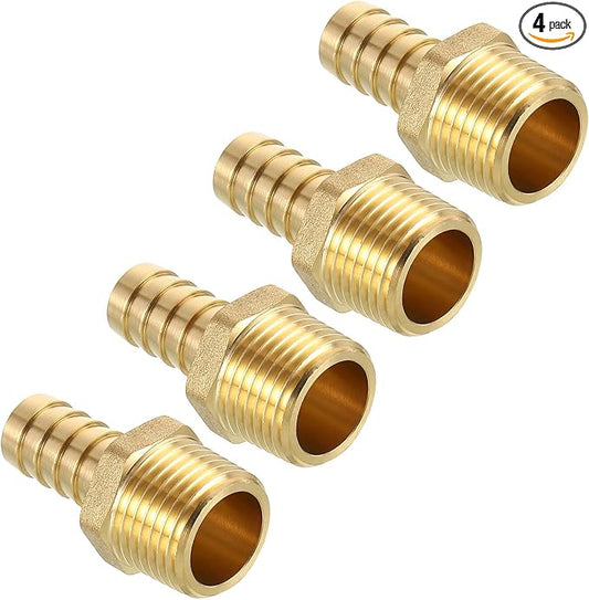Pack of 4 Brass Hose Barb Fittings 1/2" Hose Barb to 1/2" NPT Male Fittings