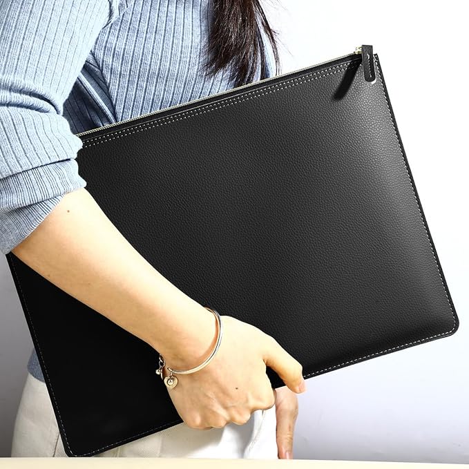 PU Leather A4 File Folder Zipper Document Holder Envelope Folder Case for Receipt Contract (Black)