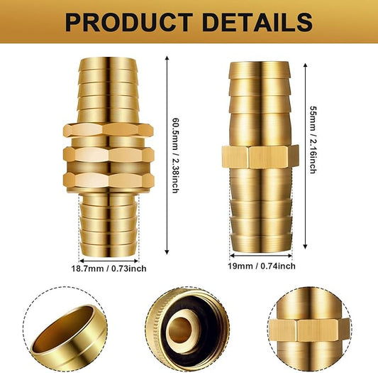 4 Set 3/4 Inch Solid Brass Garden Hose Connector Hose Mender, Water Hose Repair Kit Female and Male Hose Connector with Tape, Stainless Steel Clamp and Rubber Gasket