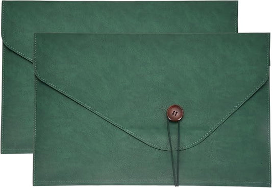 PATIKIL 2Pcs Leather Folder, 14x10 Leather Document Holder File Folder PU Pouch Bag Portfolio File Organizer Button Personal Envelope Waterproof for Traveling Office Men Gift, Green
