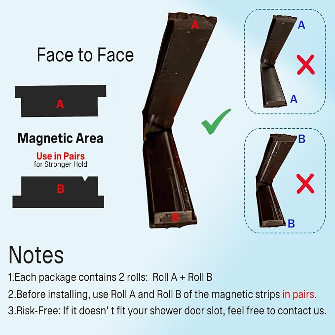 3/8" Width x 78" Length A+B Paired Magnetic Strips (Non-Adhesive), for Shower Door Replacement, 2 Rolls Insert for Framed and Semi-Framed Sliding Glass Doors