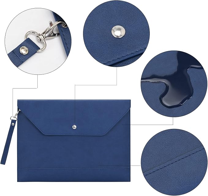 Wonderpool Envelope Case A4 PU Leather File Jacket Pocket Folder Document Case Bag with Removable Hand Strap and 4 Pocket for Documents Tablet Phone Stationery (Dark Blue)