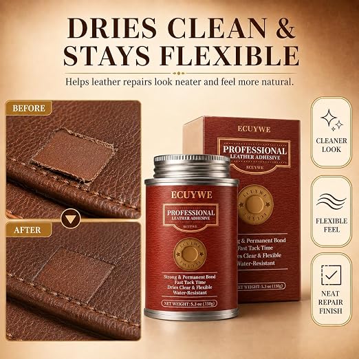 Leather Glue, 5.29 oz Leather Adhesive for Shoes, Bags, Sofas, Upholstery, Patches, Crafts and DIY Repairs, Clear Flexible Repair Glue for Leather, Faux Leather, Fabric, Rubber and More
