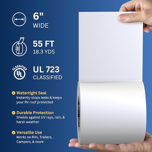 8 Pack Buck RV Roof Sealant Tape – 6 Inch x 55ft, 40 Mil – Waterproof RV Tape for Roof Repair, Seams, Skylights, Vents & Window Leaks on Camper, Trailer & Boat, UV Resistant & Weatherproof, White