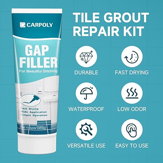 Tile Grout Repair Kit, White Grout Filler for Bathroom, Kitchen, Rstore & Renew Tile Joints Line, Triple Protection, Fast Drying Shower Grout with Tools(White, 5.29oz/150g)