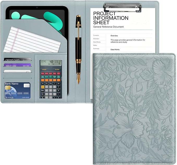 Clipboard Folder Padfolio, Embossed Faux Leather Interview Legal Document Organizer, Business Card Holder Included Letter Sized Writing Pad for Business Conference for Women Men, Blue