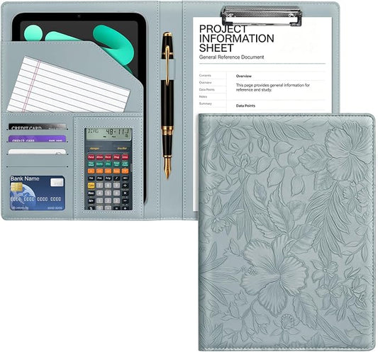 Clipboard Folder Padfolio, Embossed Faux Leather Interview Legal Document Organizer, Business Card Holder Included Letter Sized Writing Pad for Business Conference for Women Men, Blue