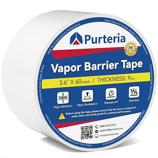 Vapor Barrier Tape, 3.6" x 180', 9 Mil Easy-to-Use Polyethylene Tape for Crawl Space, Moisture Barries, Waterproof, Repair, Insulation, Underlayment and More, 1 Roll