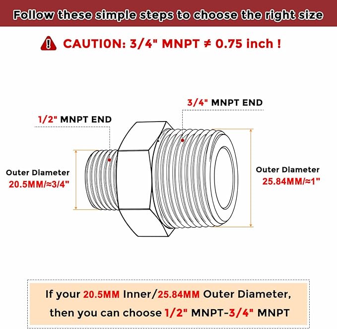 Pack of 6, 3/4" MNPT To 1/2" MNPT Solid Brass Hex Nipple Hose Connectors, Male Pipe Adapter for Pipe Leak Repair, Bathroom Remodeling, Tool Extension, Compression