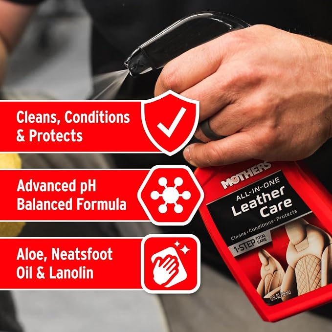 Mothers All-In-One Leather Care, 12 oz. — pH Balanced Formula Safely Deep Cleans, Conditions & Protects Leather with Aloe, Neatsfoot Oil & Lanolin to Restore Natural Oils Lost to Heat & Sun (06512)