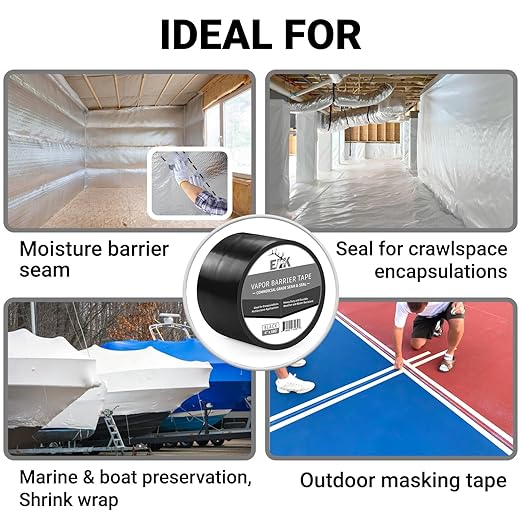 ELK Vapor Barrier Tape - 4” x 180ft - PE 7mm Polyethylene Seam Tape - Moisture Barrier Seam & Seal for Crawlspace Encapsulations or Waterproof Marine Tape - Black