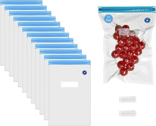 Basicwise 10" x 11" Set of 12 Reusable Airtight and Resealable Food Storage Bags Durable & Convenient Solution for Fruits Fresh Vegetables Cooked Meals & Leftovers Compatible with Most Vacuum Sealers