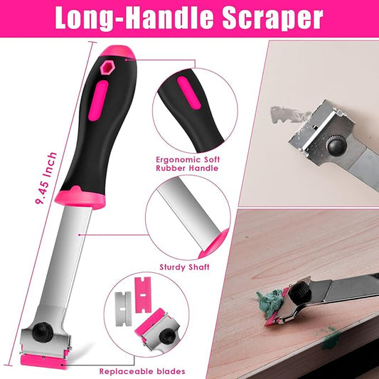 Razor Blade Scraper Tool, 3Pcs Pink Razor Scrapers with 15pcs Metal and 30pcs Plastic Blades, Scraper Tool for Cleaning Paint, Decals, Adhesive, Caulk, Stickers, Glass, Labels, Window, Stovetop