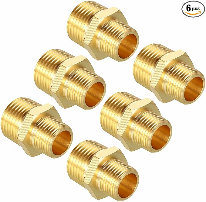 Pack of 6, 1/2" Male NPT to 3/8" Male NPT Solid Brass Hex Nipple Hose Connectors, Male Pipe Adapter for Pipe Leak Repair, Bathroom Remodeling, Tool Extensions, Compression