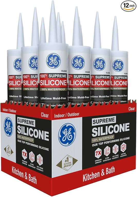 GE Supreme Silicone Caulk for Kitchen & Bathroom, Clear, 10 fl oz Cartridge, 12 Pack - 100% Waterproof Silicone Sealant, 7X Stronger Adhesion, Shrink & Crack Proof