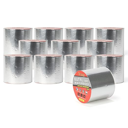 TAPEBEAR 12 Rolls Butyl Tape Waterproof Sealing Tape 4inch x16feet, Upgraded Aluminum Foil Tape Heavy Duty for RV Repair, Awning, Window, Glass & EDPM Roof Leak Patching, Boat and Pipe Sealing, Silver