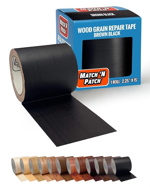 MATCH 'N PATCH Wood Grain Repair Tape - Brown-Black, 2.25 in x 15 ft (1-Pack) – Wood Grain Colored Duct Tape for Mirror Frame, Trim, Borders, Floor and Other Furniture, Scratch Repair Kit