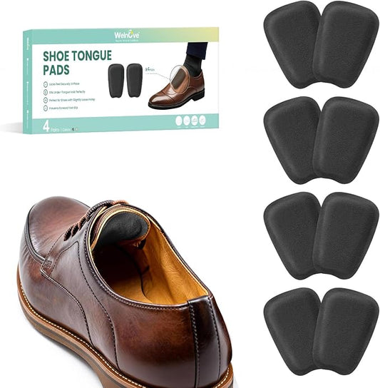 Shoe Tongue Pads for Men & Women - Welnove 4 Pairs Suede Memory Foam Shoe Padding Cushion Soft Self Adhesive Inserts Filler for Boots, Leather Shoes, Dress Shoes, Loafers (Black, Size L)