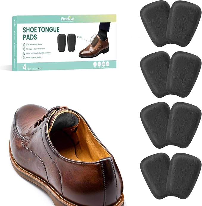 Shoe Tongue Pads for Men & Women - Welnove 4 Pairs Suede Memory Foam Shoe Padding Cushion Soft Self Adhesive Inserts Filler for Boots, Leather Shoes, Dress Shoes, Loafers (Black, Size S)