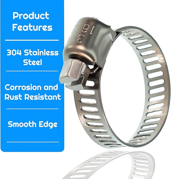 66PCS Hose Clamp Set 6-38mm/ 1/4''–1-1/2'' 304 Stainless Steel Worm Gear Hose Clamps for Pipe, Intercooler, Plumbing, and Fuel Line (66 Pcs Kit)
