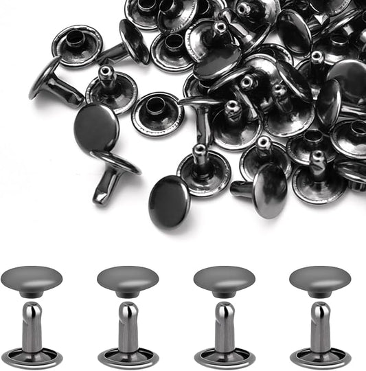 200Sets Rivets for Leather, 10mm Double Cap Leather Rivets Metal Tubular Studs for Key Fob Clothing Pets Collar Boots Bags Belt Repair and Decoration (Black)