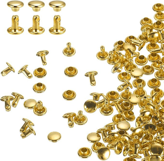 HARFINGTON 100 Sets Double Cap Leather Rivets, 6x6mm Round Cap Tubular Metal Studs Leather Crafting Rivets for Fabric Belt Pet Collar Boot Bag Repair and Decoration, Gold