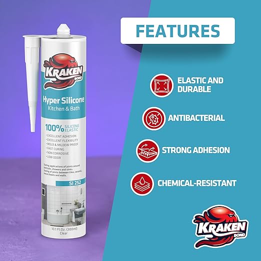 Kraken Bond Hyper Clear Caulking Sealant - (1x10.1 Fl. Oz) Fast Curing 100% Silicone Neutral for Kitchen & Bathroom, Bathtub, Shower and Sink, Low Odor, Waterproof, Anti Shrink Caulking, 1 Pack
