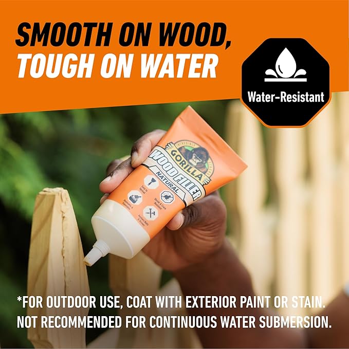 Gorilla All Purpose Wood Filler, Natural Color, 6 Ounce Tube (Pack of 1) - Water Resistant for Indoor or Outdoor Projects and Repairs