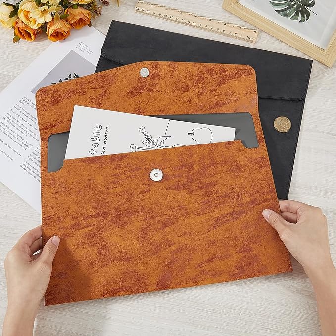 Waterproof A4 PU Leather Envelope File Holder Brown Thin Document Folder Portfolio Filing Oragnizer Pocket Storage Case with Snap Closure for Receipt Contract Stationery Tablet