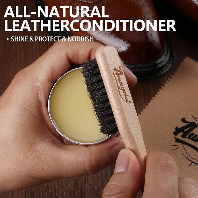 11 PCS Leather Care Kit - Horsehair Brushes,Saddle Soap,Waterproofing Wax,Mink Oil Conditioner,Polishing Cloth,Microfiber cloth,Boot Shoe Shine Cleaning Kit Gift for Men Cowboy Husband Dad ﻿