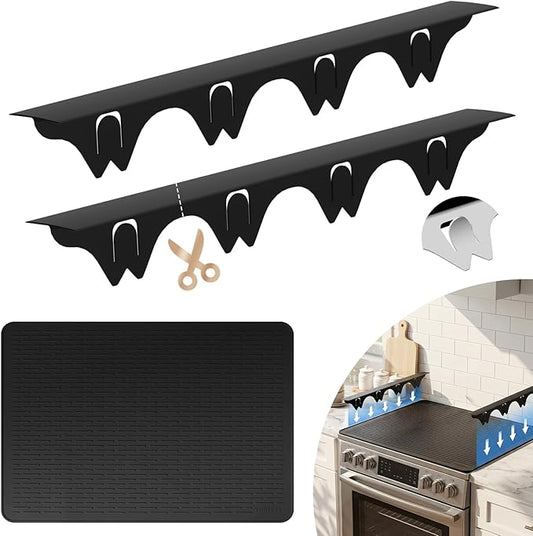 Silicone Stove Gap Covers with Stainless Steel, Oven Gap Filler Seals Gaps Between Stovetop and Counter, Stove Gap Guards Range Trim Kit, Easy to Clean Stove Gap Guard (Black 2 Pack,20.86" with mat)