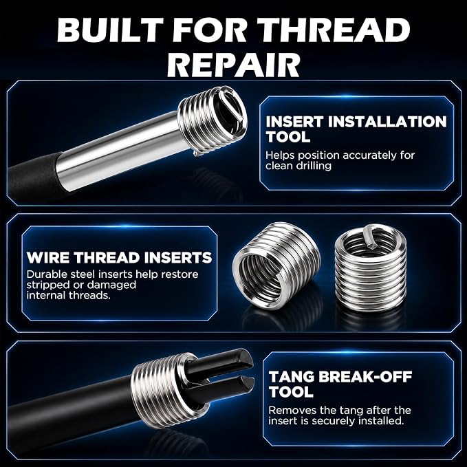 350PC SAE and Metric Thread Repair Kit, Thread Restorer Tool Set with HSS Drill Bits, Taps, Thread Inserts, Installation and Break-Off Tools for Stripped Threads, Automotive Repair and Metalworking