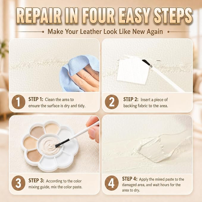 Vigorder Cream Leather Repair Kit for Furniture, Vinyl Repair Kit for Car Interior, Sofa, Jacket, Purse – Super Easy Instructions to Fix Scratches, Tears, Holes, and Peeling