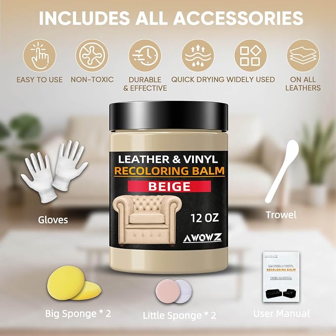 Leather Recoloring Balm, Leather Couch Repair Kit, Leather Restorer for Couches, Leather Scratch Repair, Leather Recoloring Balm for Faded & Scratched Leather Couches (Beige, 12 OZ)
