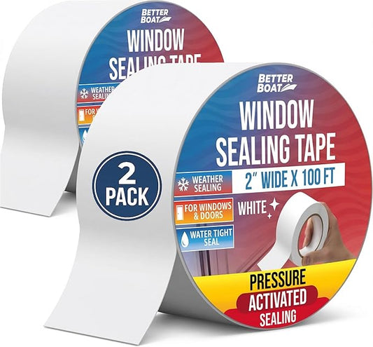 Window Sealing Tape White 2-Pack, 2 Inch x 100 FT Per Roll, Weather Seal for Windows, Doors and AC Units, Waterproof UV Resistant, Damage-Free Removal - Better Boat