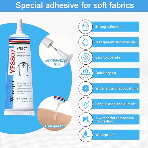 Fabric Glue Permanent, Washable Clear Clothing Glue, Super Fabric Glue for Rhinestones, Patches, Clothes, Denim, Leather, Polyester, Fabrics, Doll Repair, Flannel, Cotton, 2oz