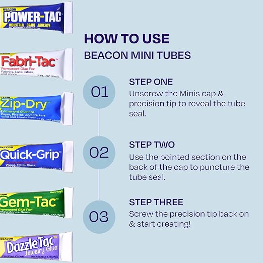 BEACON Fabri-Tac Minis Premium Fabric Glue - Quick Drying, Crystal Clear, Permanent - for Fabrics, Canvas, Lace, Wood and More, .17-Ounce, 3-Pack