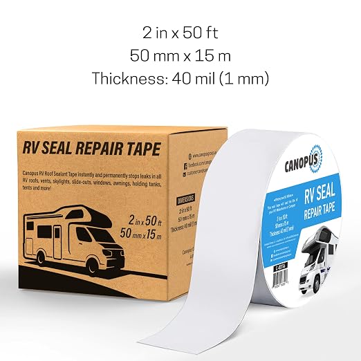 CANOPUS RV Sealant Tape, White, 2 Inch x 50 Feet, Roof Patch Repair Tape, Waterproof Leak Tape for RV punctures, Boat Sealing, Camper, Awning, Canopy, Tents, Tarpaulin and Greenhouse