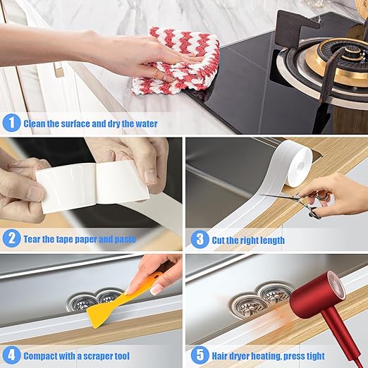 SENKEI Caulk Tape 3 Rolls 1.5in x 10.5ft Shower Door Bottom Seal, White Caulking Strip for Waterproof Trim in Toilet, tub, Kitchen & Walls, Kitchen Sink Splash Guard, Home Improvement caulking Tool