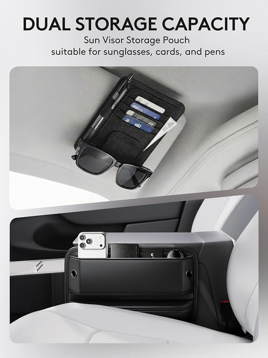 2 Pack Car Seat Gap Filler Organizer with Sun Visor Organizer, PU Leather Seat Gap Filler for Phone, Keys, Cards & Sunglasses, Front Seat Storage Side Pocket for Cars SUVs Trucks