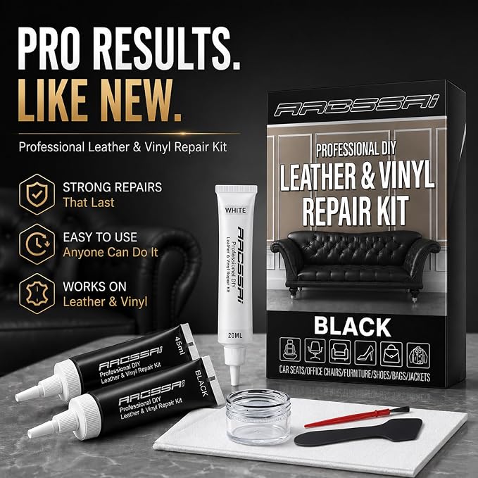 ARCSSAI Black Leather & Vinyl Repair Kit, Sofa, Jacket, Car Seats and Purse. Leather Repair Kit. Super Easy Instructions to Match Any Color, Restore Any Material, Bonded, Italian, Pleather, Genuine
