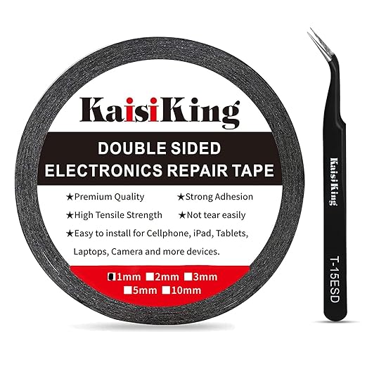 Kaisiking 1mm x 50M LCD Repair Tape for Phone Screen, Adhesive Tape with 1 Tweezers for Cell Phone, iPad, Tablets, Laptops, Camera