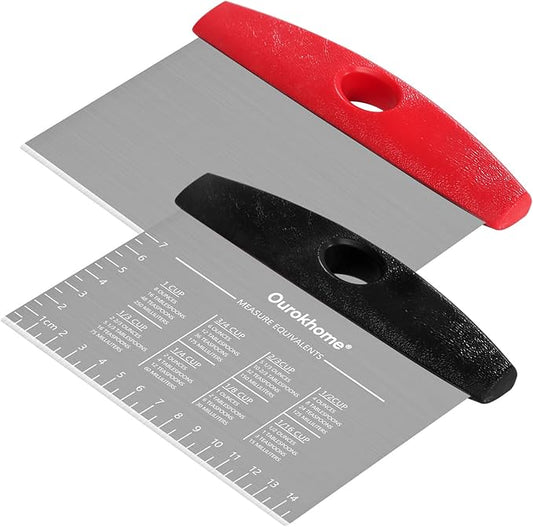 Ourokhome 2 Pack Bench Scraper Dough Cutter, Stainless Steel Dough Scraper with Laser-Etched Scale, Conversion Chart, Non-Slip Handle, Dishwasher Safe for Bread & Pastry, Black and Red