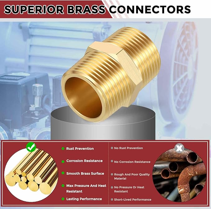 Pack of 4, 3/8" MNPT To 1/8" MNPT Solid Brass Hex Nipple Hose Connectors, Male Pipe Adapter for Pipe Leak Repair, Bathroom Remodeling, Tool Extension, Compression