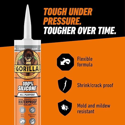 Gorilla 100% Silicone Waterproof Caulk, All‑Purpose Sealant, Mold & Mildew Resistant, Flexible Seal, Clear, 10 oz Cartridge (Pack of 1)
