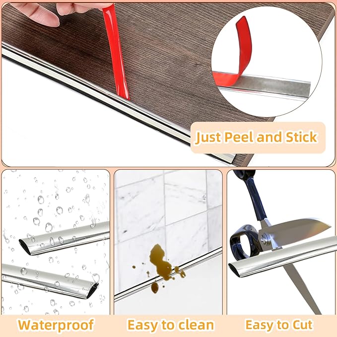 Silver Peel and Stick Trim for Backsplash Tile Edge, Faoaatin 10Ft Premium Flexible Trim Caulk Strip for Wall Tile Edges, Kitchen backsplash, Mirrior Frame