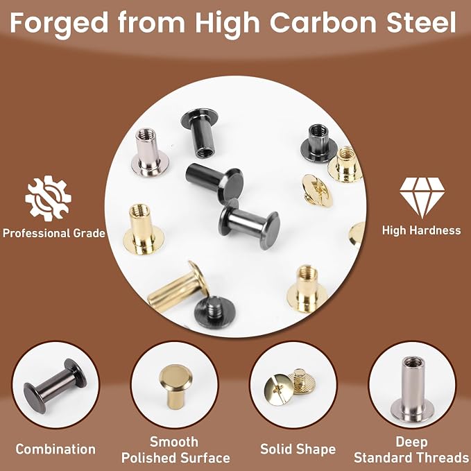 110 Sets Chicago Screws, Leather Rivets with 2 Pcs Tool Kit, Assorted Screw Rivets Binding Kit for Metal, Used for Leather Crafts, Clothing, Bag, Shoes, Purse, Belt Decorate & Repair (Gold)